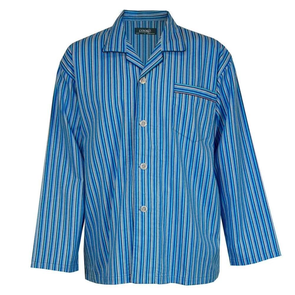 Mens Lynx Sizes S-7XL Blue Stripe Cotton Flannel Long Sleeve Pyjama Set Pjs