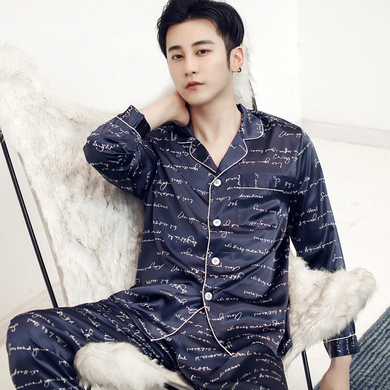 Luxury Mens Silk Satin Pajamas Set Soft Pyjamas Long Sleeve Sleepwear Loungewear