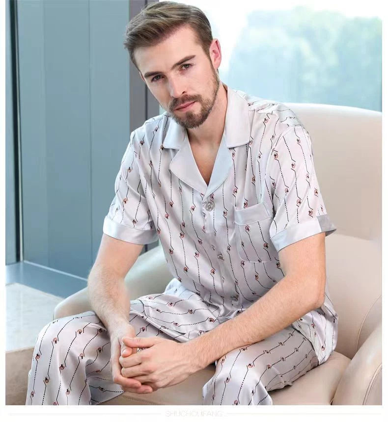 Men's Print 100% Mulberry Silk Pajamas Set Short Sleeves Silk Sleepwear S M L