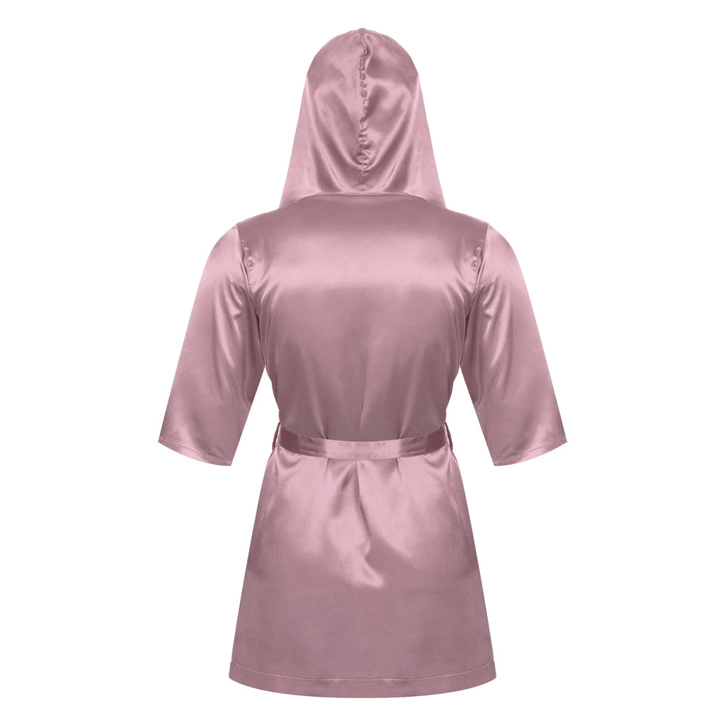 Men's Hooded Robe Set Silk Satin Night Gown Bathrobe Pajama Hot Pants Underwear