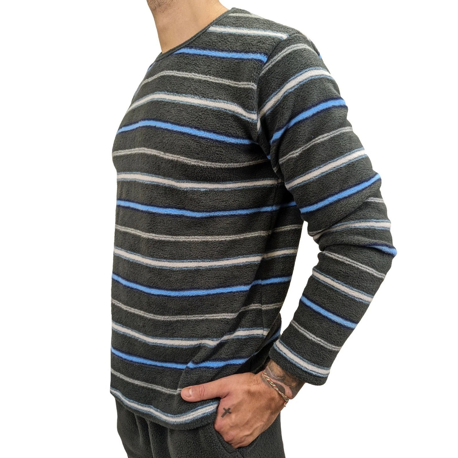 Mens Fleece Warm Soft Pyjamas Striped PJ Set Nightwear Nightsuit Pyjama S-4XL