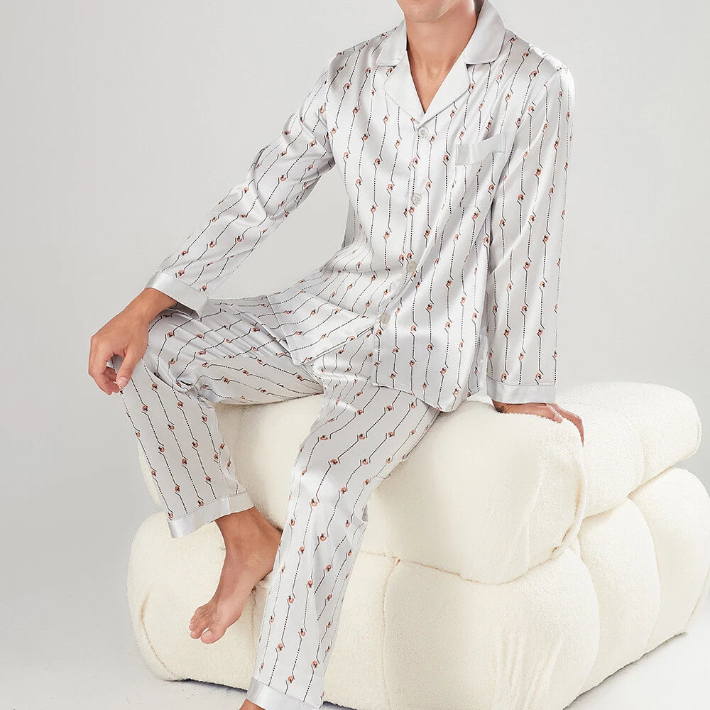 Men's 19MM 100% Pure Mulberry Silk Pajamas Set Long Sleeves Silk Sleepwear S~3XL