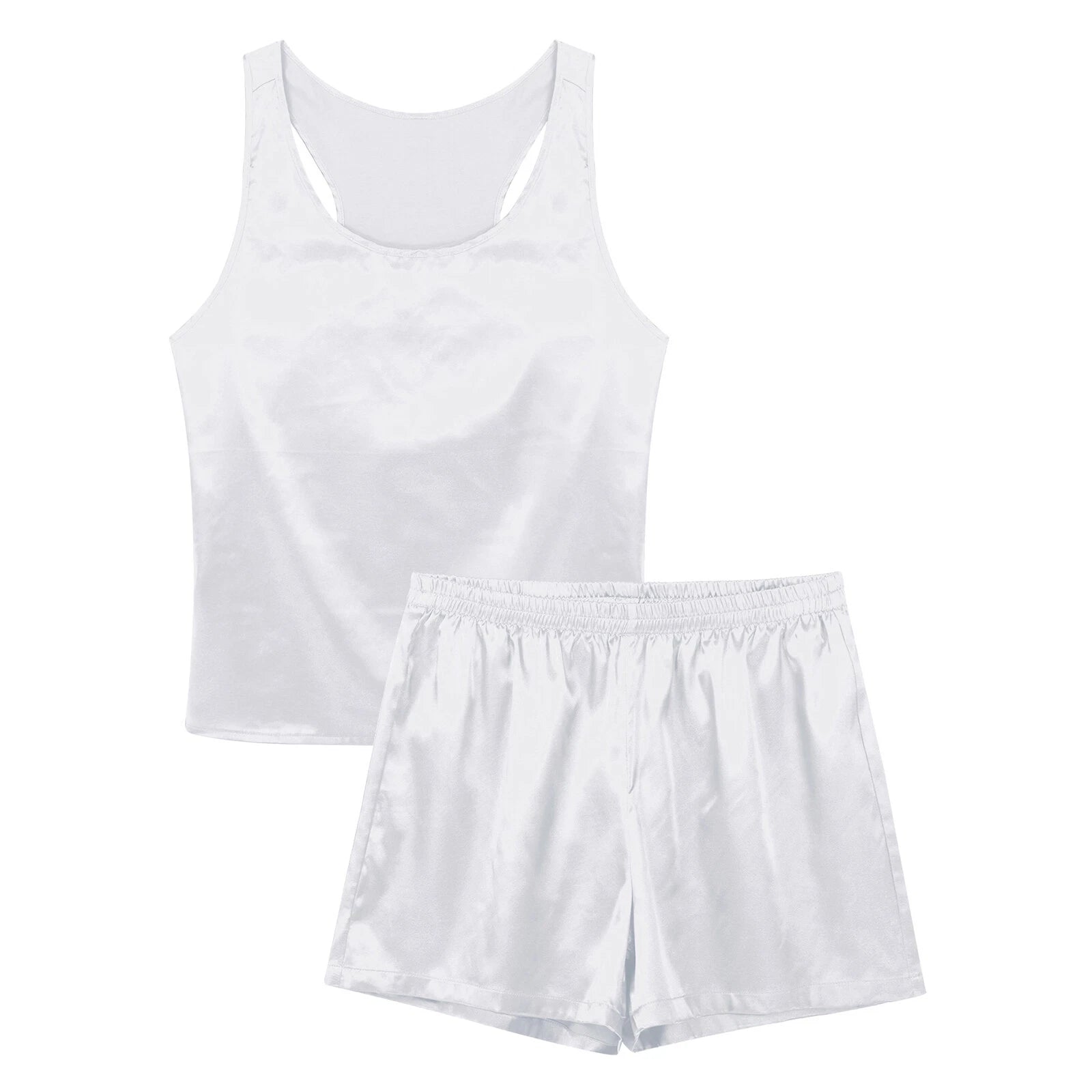 Men's Silk Satin Pajamas Set Vest Top and Boxer Shorts Sleepwear Home Loungewear
