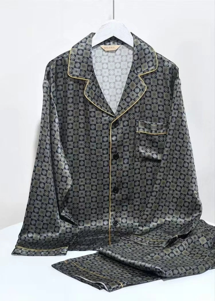 NEW Men's 19MM 100% Silk Pajamas Set Print Silk Sleepwear S M L XL