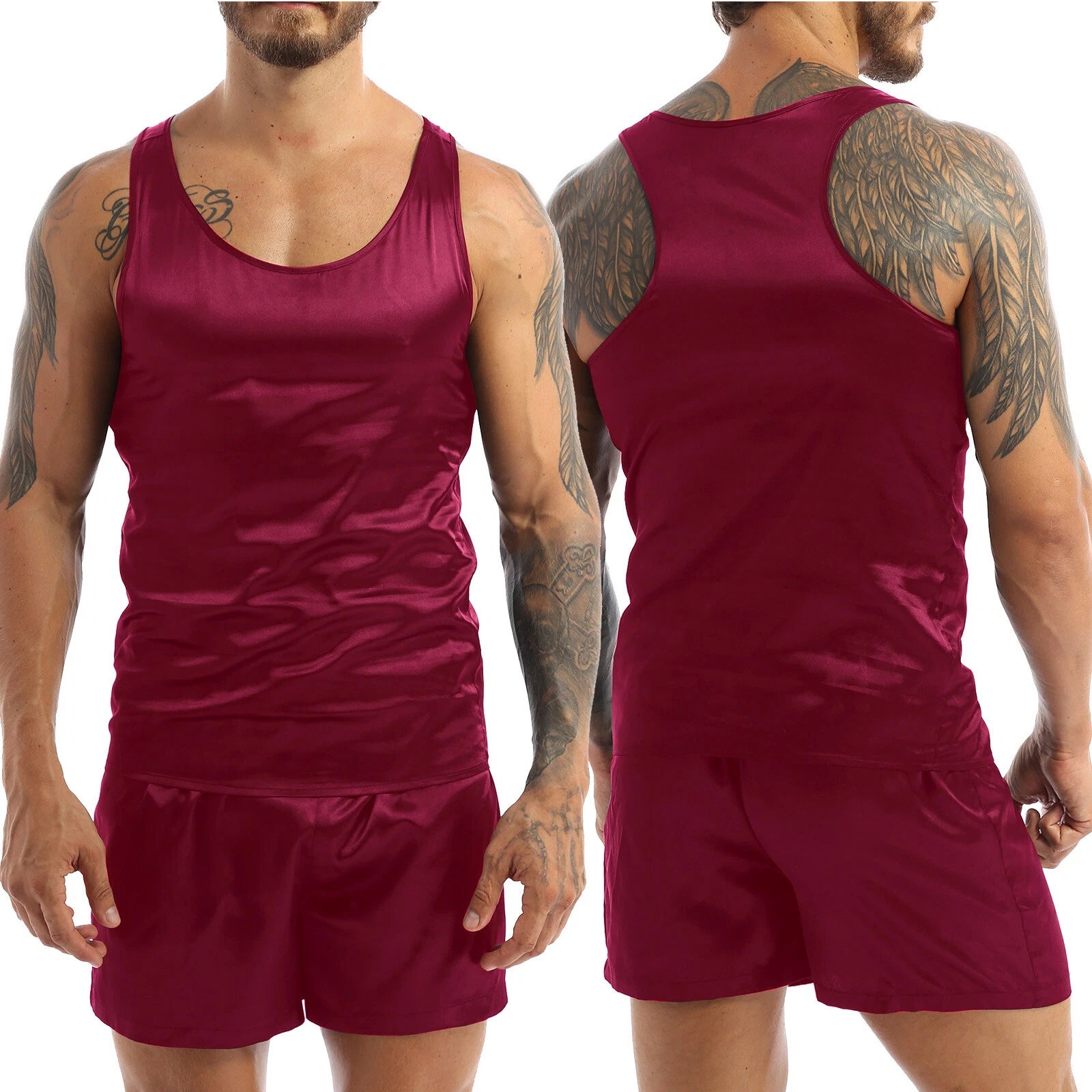 Men's Silk Satin Pajamas Set Vest Top and Boxer Shorts Sleepwear Home Loungewear