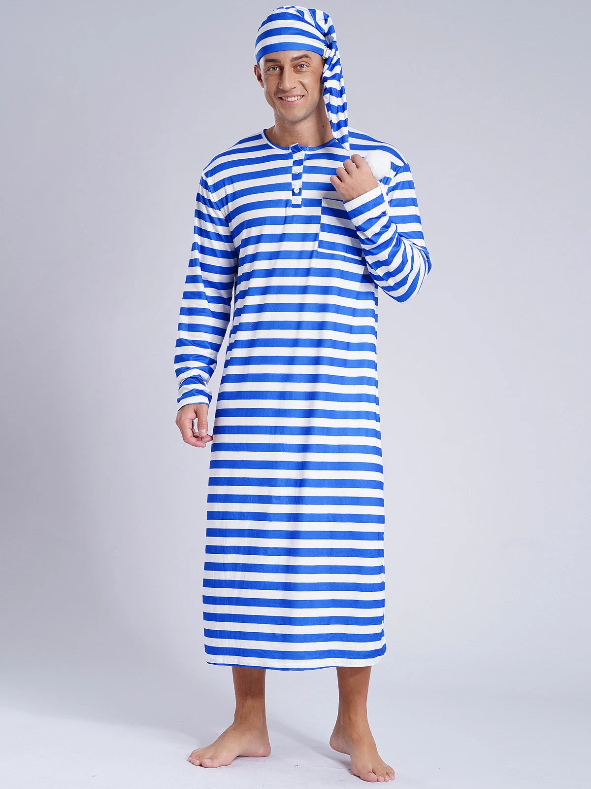 Men's Pajamas Set Long Sleeve Striped Robe Round Neck Loose Sleepwear with Hat