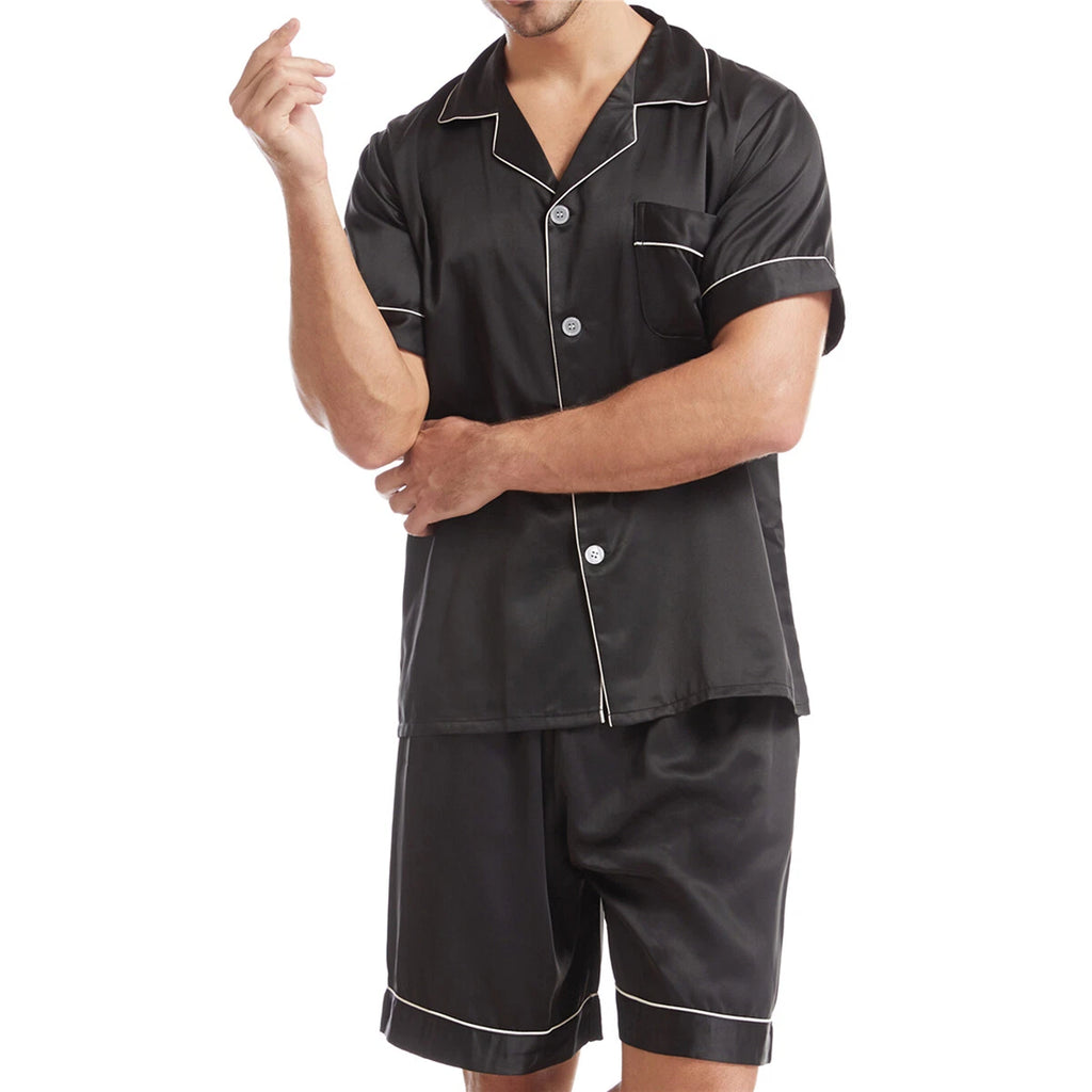 Men Satin Pajamas Set Shorts + Shirt Sleepwear Lounge Nightwear Buttons Outfit