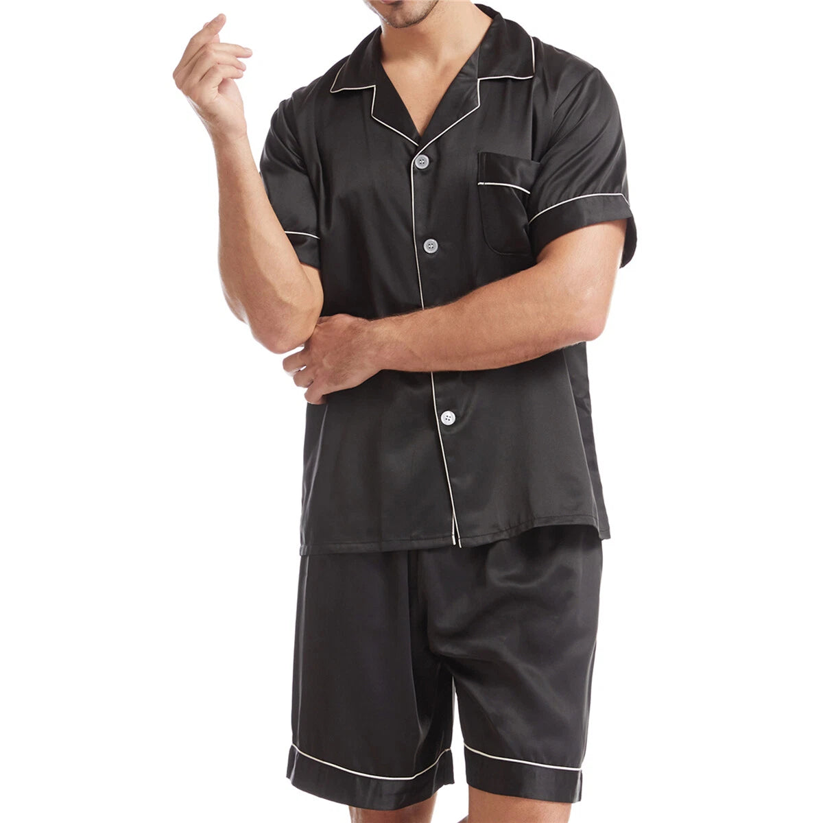 Men Satin Pajamas Set Shorts + Shirt Sleepwear Lounge Nightwear Buttons Outfit
