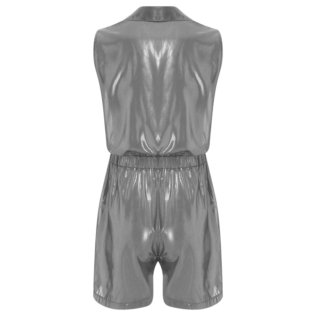 Men Shiny Glossy See-Through Metallic Chiffon Jumpsuit Bodysuit /Pajama Set