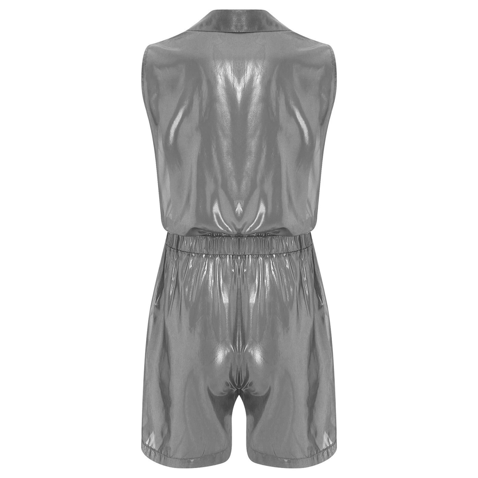Men Shiny Glossy See-Through Metallic Chiffon Jumpsuit Bodysuit /Pajama Set