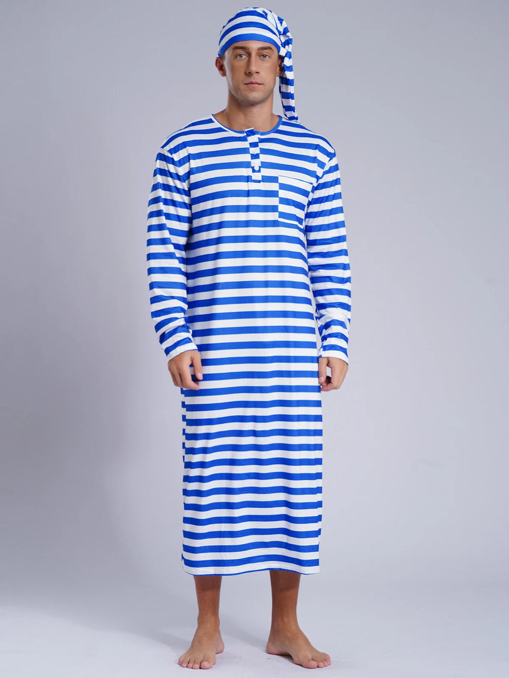 Men's Pajamas Set Long Sleeve Striped Robe Round Neck Loose Sleepwear with Hat