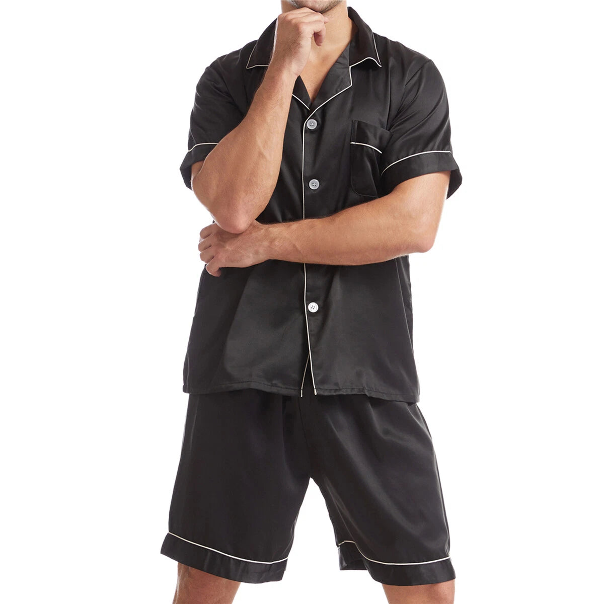 Men Satin Pajamas Set Shorts + Shirt Sleepwear Lounge Nightwear Buttons Outfit