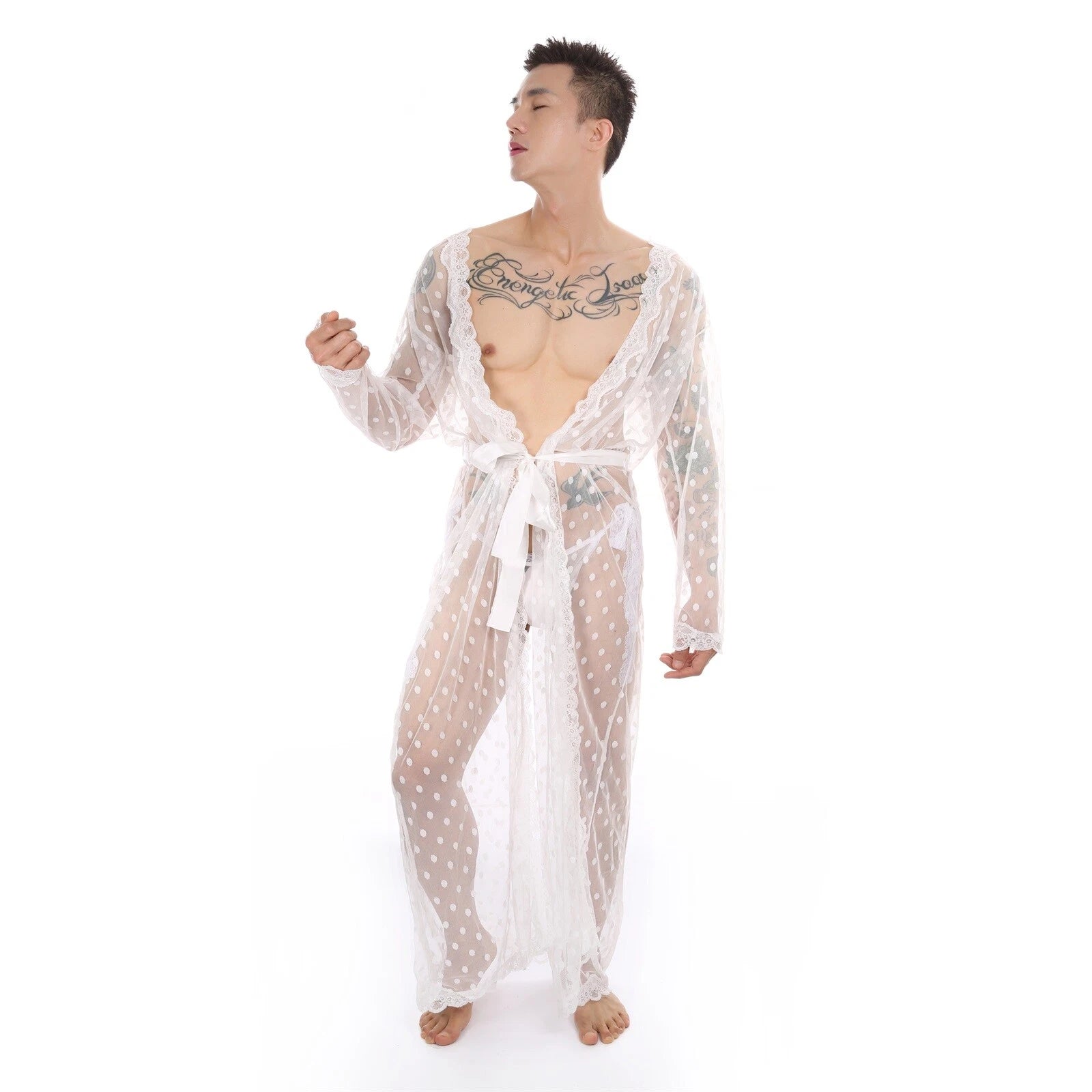 Mens Dress Long Sleeve Bathrobe Kimono Pajamas Lace Clear Thong Set-