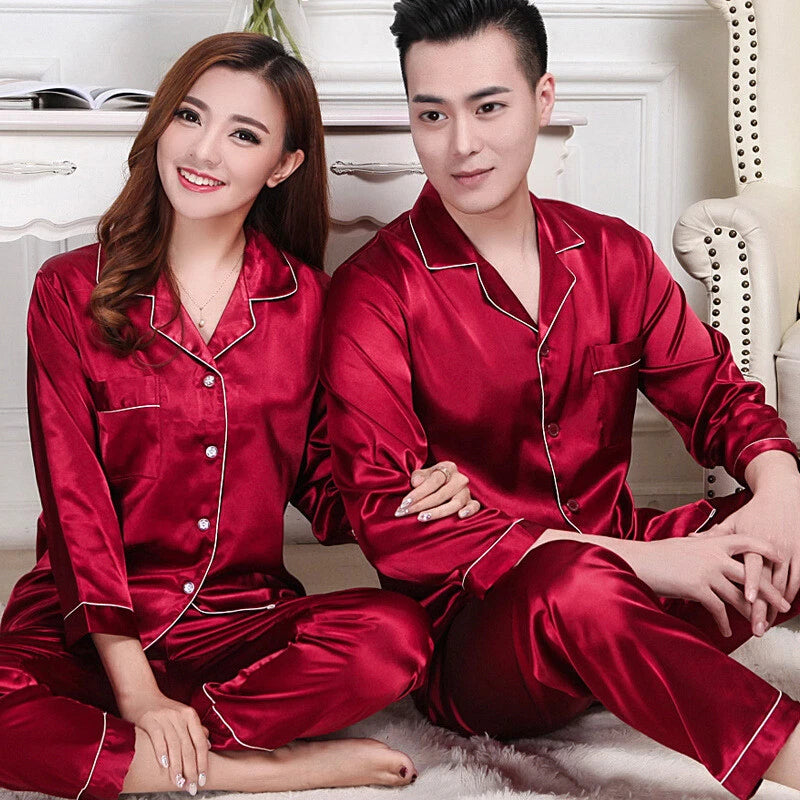 Men Women Silk Satin Pajamas Set Couple Sleepwear Lovers Unisex Nightwear Pijama