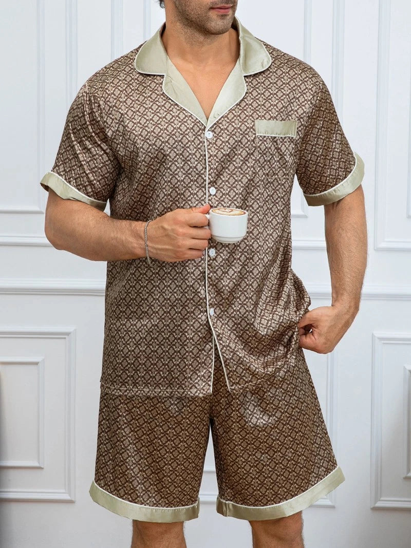 Mens Silk Satin Pyjamas Set Nightwear Pyjama Top & Bottoms Loungewear Sleepwear