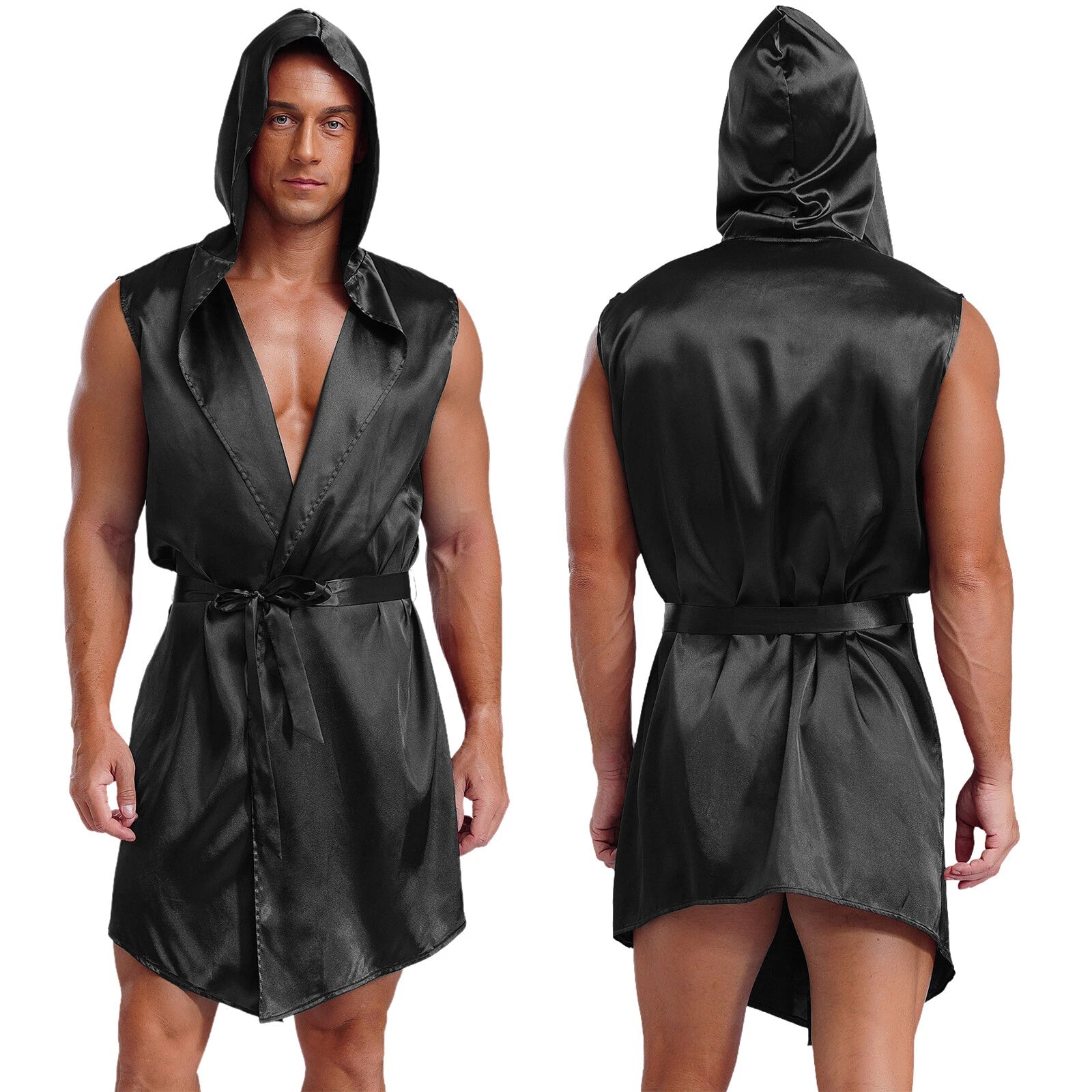 Men's Satiny Pajama Robe Set Sleeveless Silk Hooded Bathrobe with Belt Sleepwear