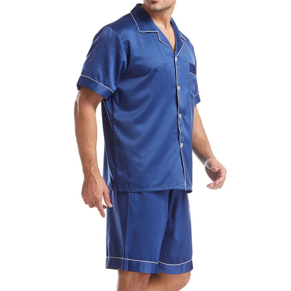 Men Satin Pajamas Set Shorts + Shirt Sleepwear Lounge Nightwear Buttons Outfit