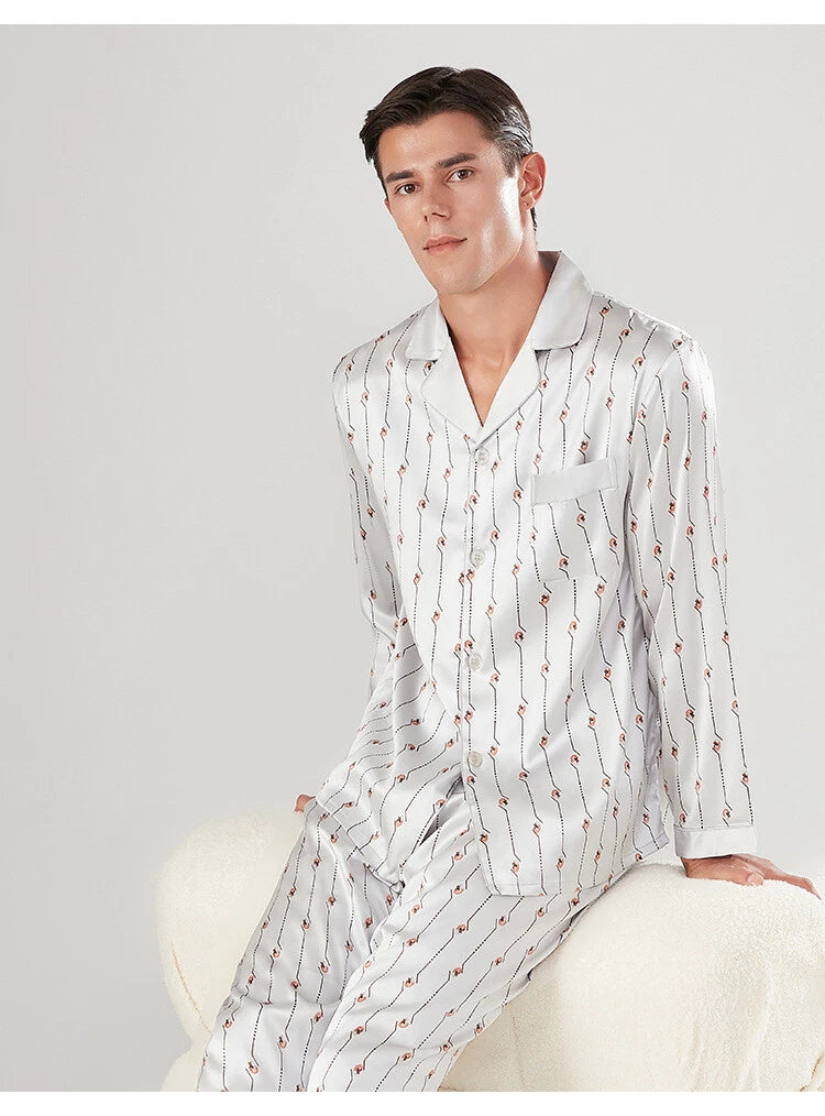 Men's 19MM 100% Pure Mulberry Silk Pajamas Set Long Sleeves Silk Sleepwear S~3XL