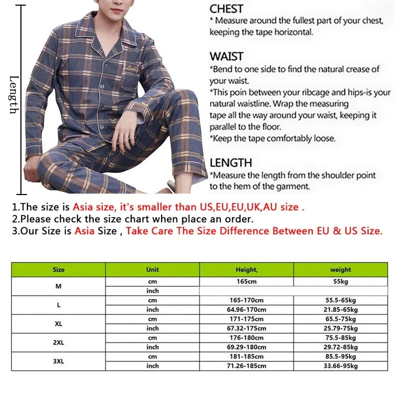 Men's Pajama Sets Simple Sleepwear Long Sleeve Cotton Top Pant Leisure Outwear