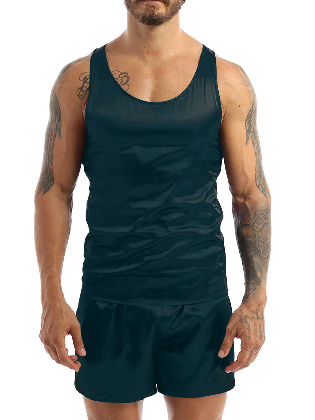 Men's Silk Satin Pajamas Set Vest Top and Boxer Shorts Sleepwear Home Loungewear