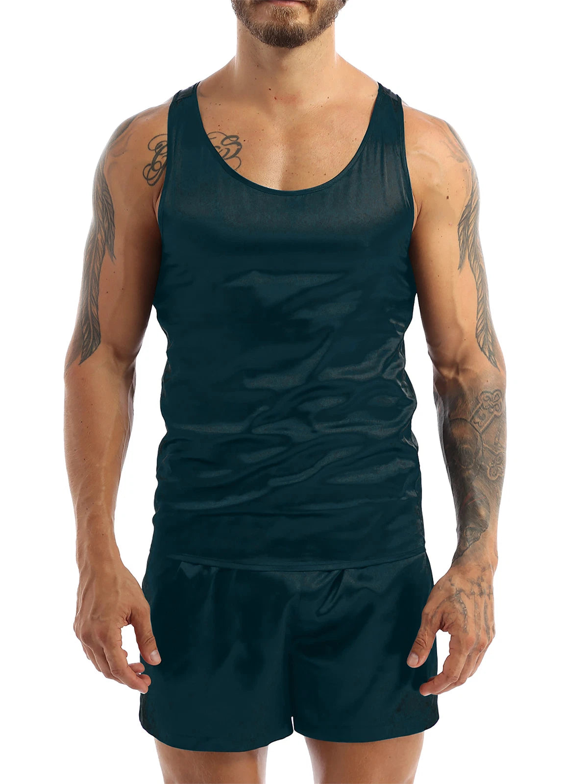 Men's Silk Satin Pajamas Set Vest Top and Boxer Shorts Sleepwear Home Loungewear