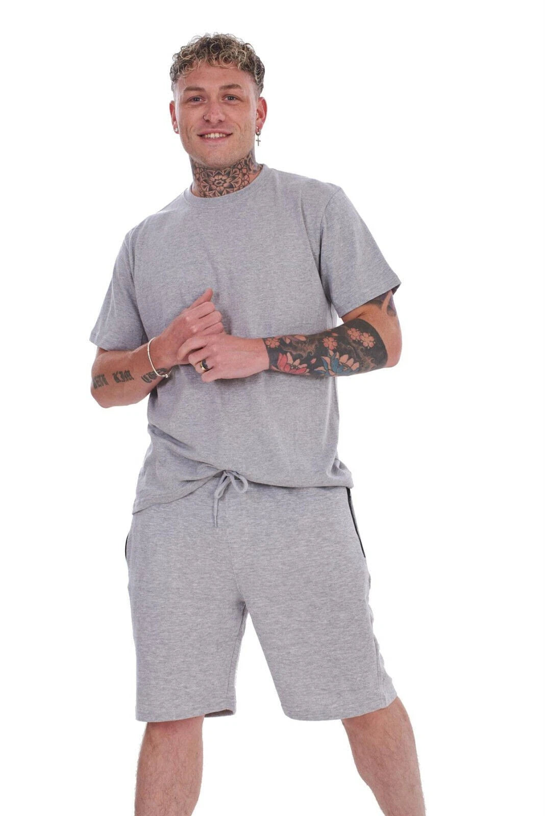 Mens Cotton Pyjama Short Set Jersey Round Neck Top Fleece Zipped Pockets Short