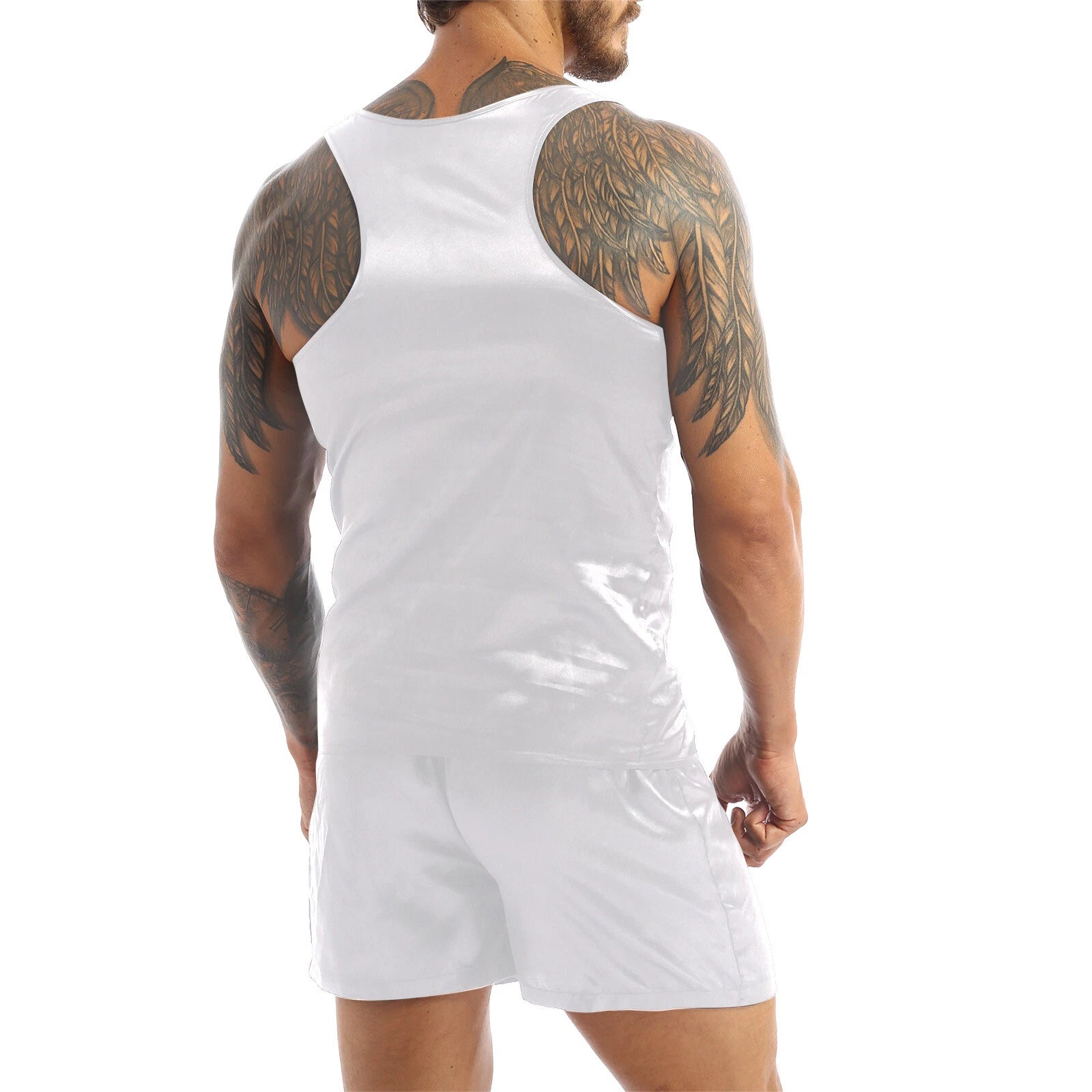 Men's Silk Satin Pajamas Set Vest Top and Boxer Shorts Sleepwear Home Loungewear