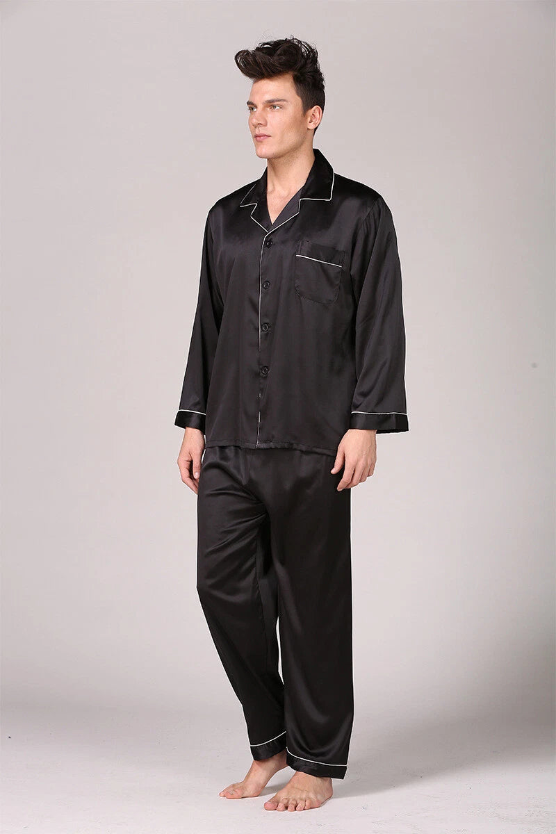 Mens Satin Silk Pyjamas Set Long Traditional Button Up Pyjama PJs Nightwear New