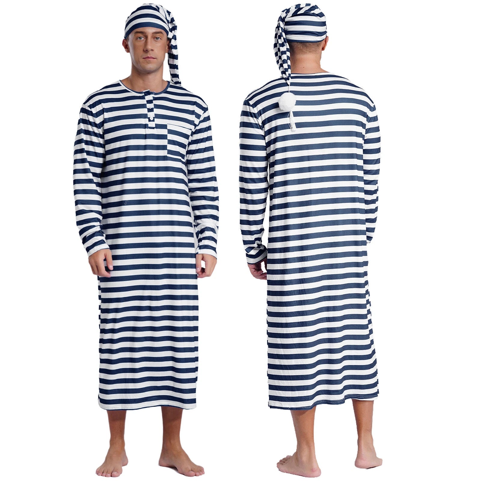 Men's Pajamas Set Long Sleeve Striped Robe Round Neck Loose Sleepwear with Hat