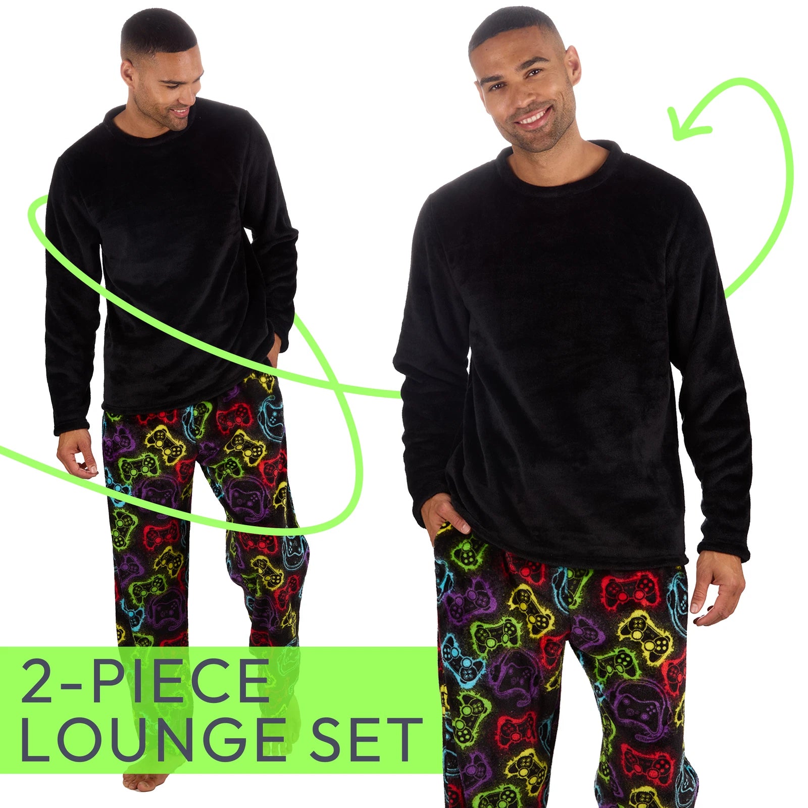 Mens Plush Fleece Lounge Set Gaming Pyjama Set Gamer Top and Bottoms PJ's S-XXL