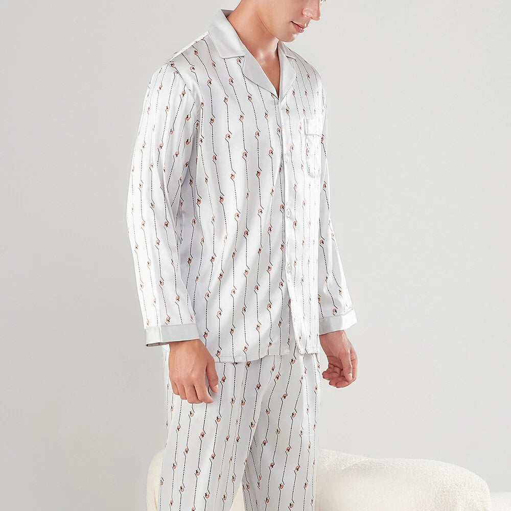 Men's 19MM 100% Pure Mulberry Silk Pajamas Set Long Sleeves Silk Sleepwear S~3XL