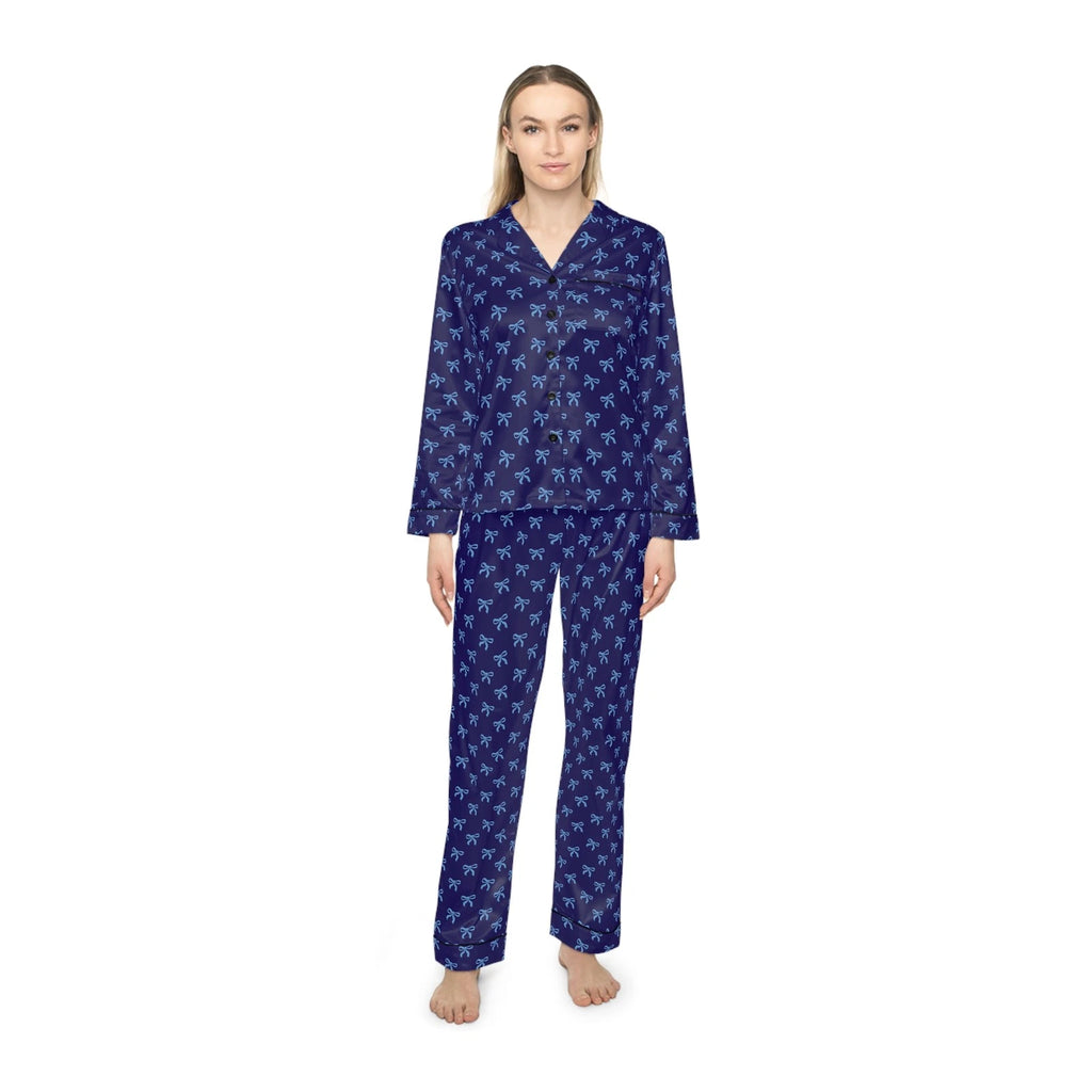 Navy Satin Pajama Set with Light Blue Bows, Women's Satin Pajamas, Silk Pajamas