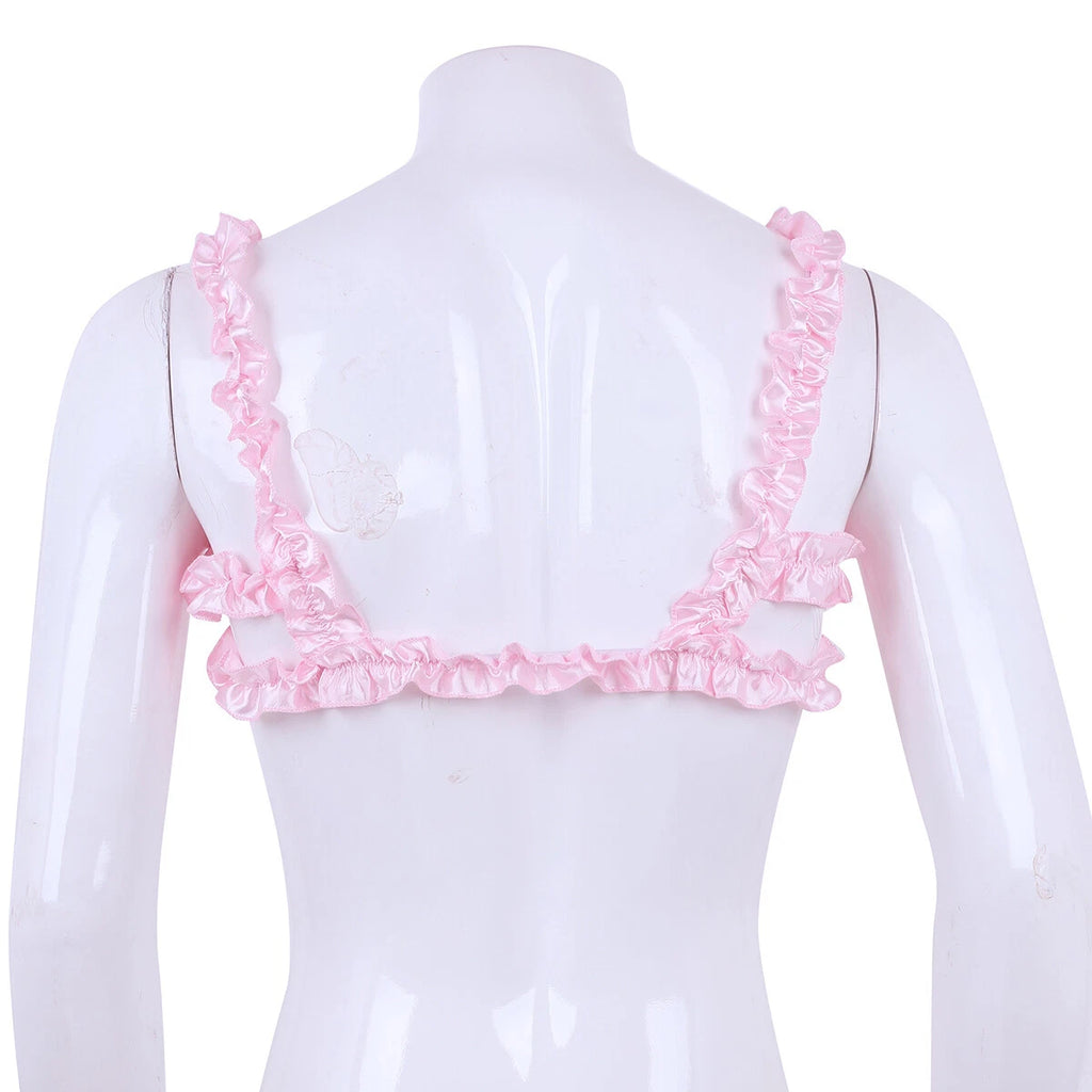 Men Ruffled Lingerie Set Cami Straps Bandeau Bra Thong 2Pcs Crossdresser Pajamas
