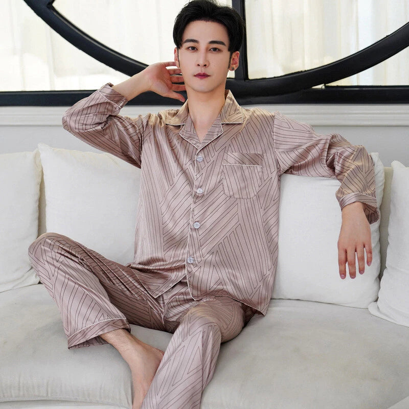 Luxury Mens Silk Satin Pajamas Set Soft Pyjamas Long Sleeve Sleepwear Loungewear
