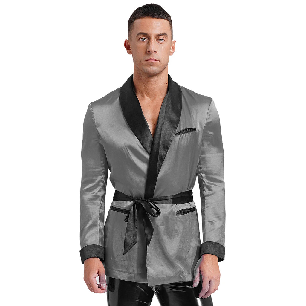 Men's Silk Satin Pajamas Set Short Sleeves Top and Bottom Boxer Shorts Shirt Set