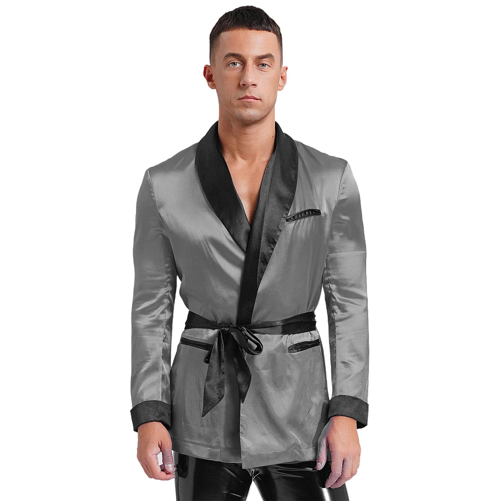 Men's Silk Satin Pajamas Set Short Sleeves Top and Bottom Boxer Shorts Shirt Set