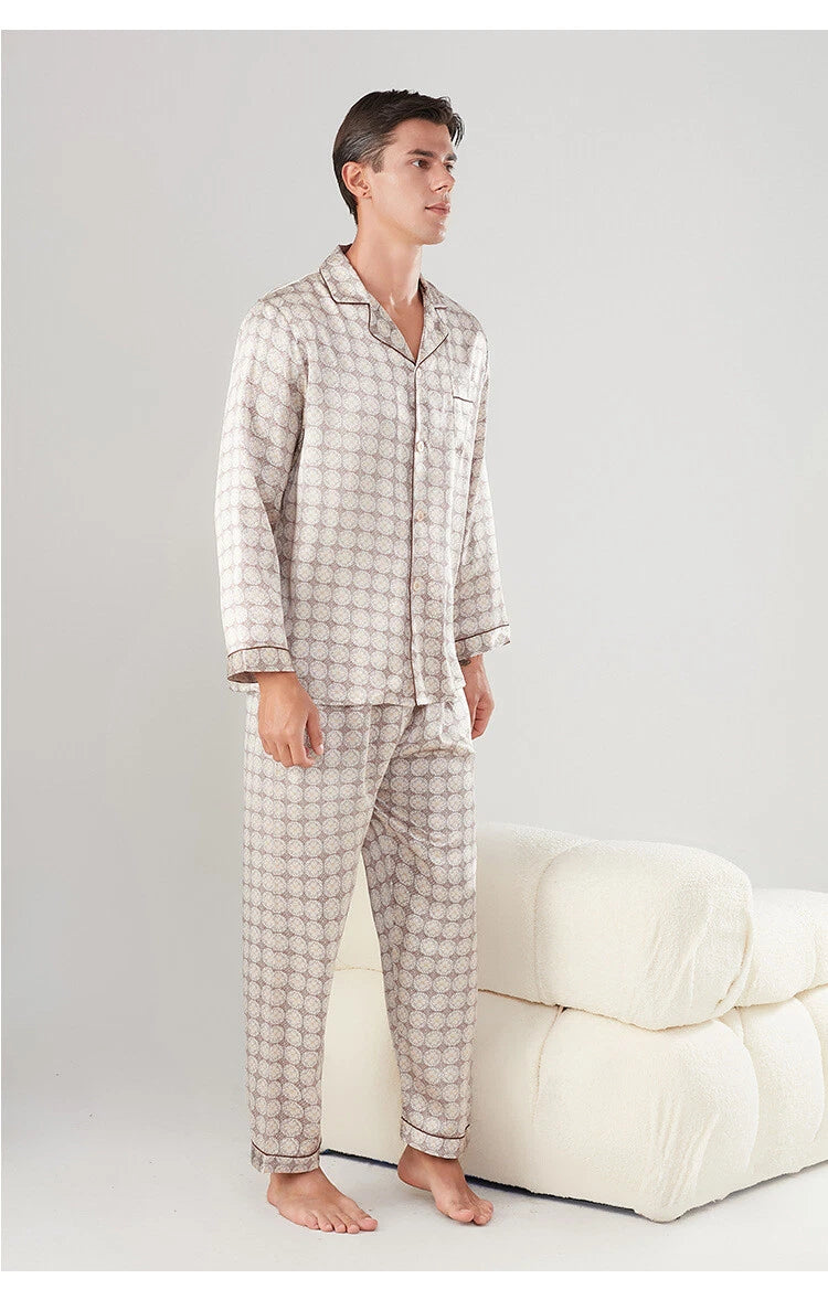 Men's 19MM 100% Pure Mulberry Silk Pajamas Set Long Sleeves Silk Sleepwear S~3XL