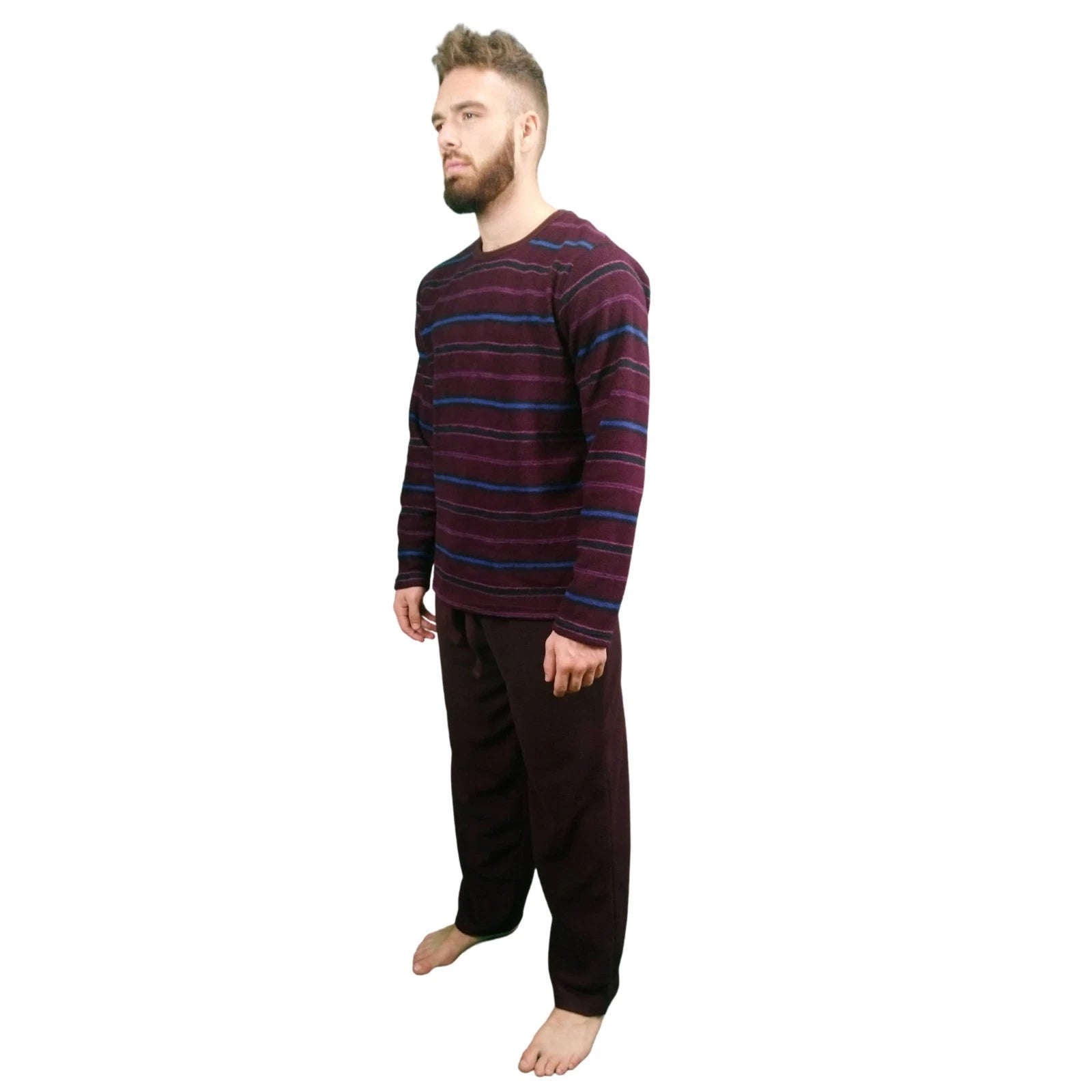 Mens Fleece Warm Soft Pyjamas Striped PJ Set Nightwear Nightsuit Pyjama S-4XL