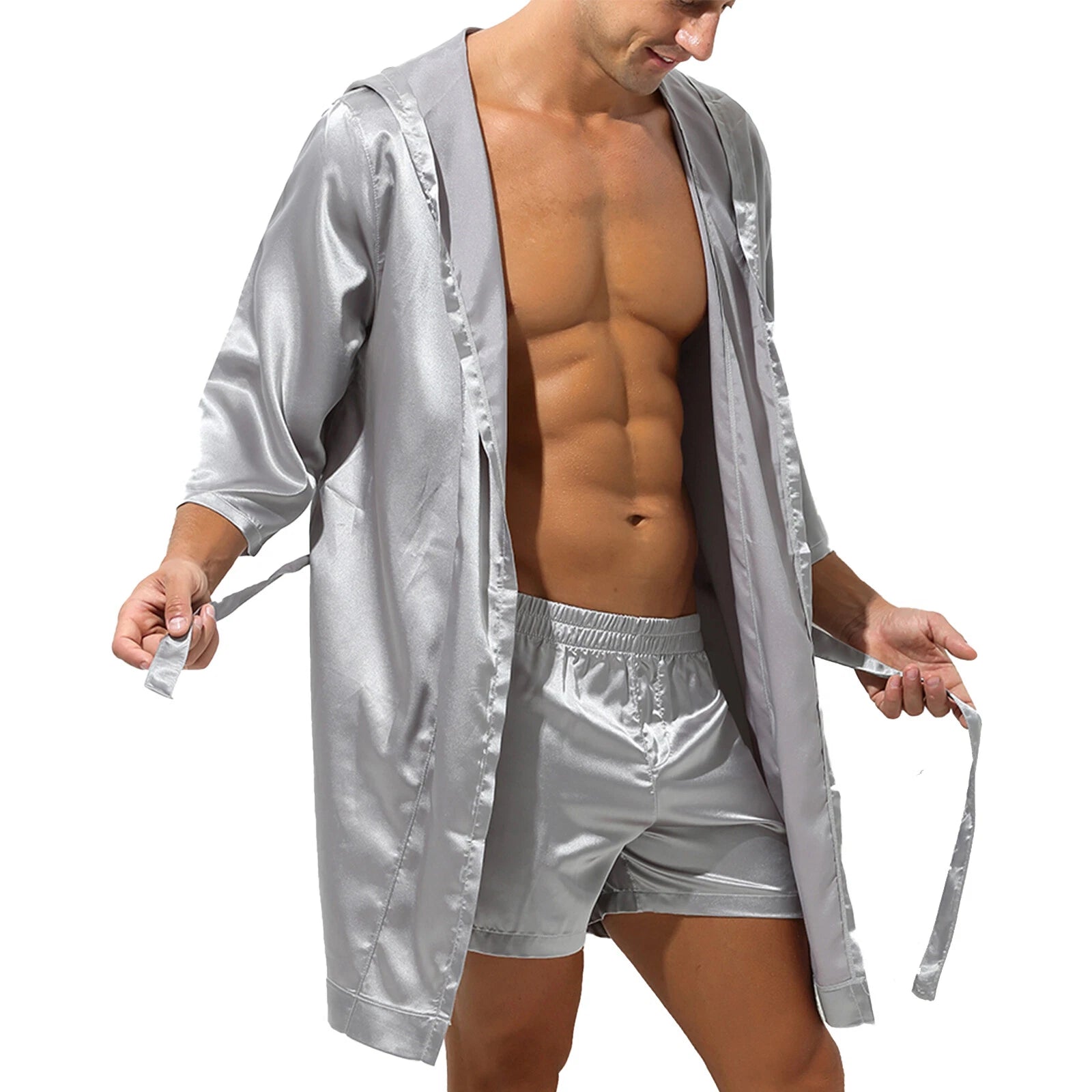 Men's Hooded Robe Set Silk Satin Night Gown Bathrobe Pajama Hot Pants Underwear