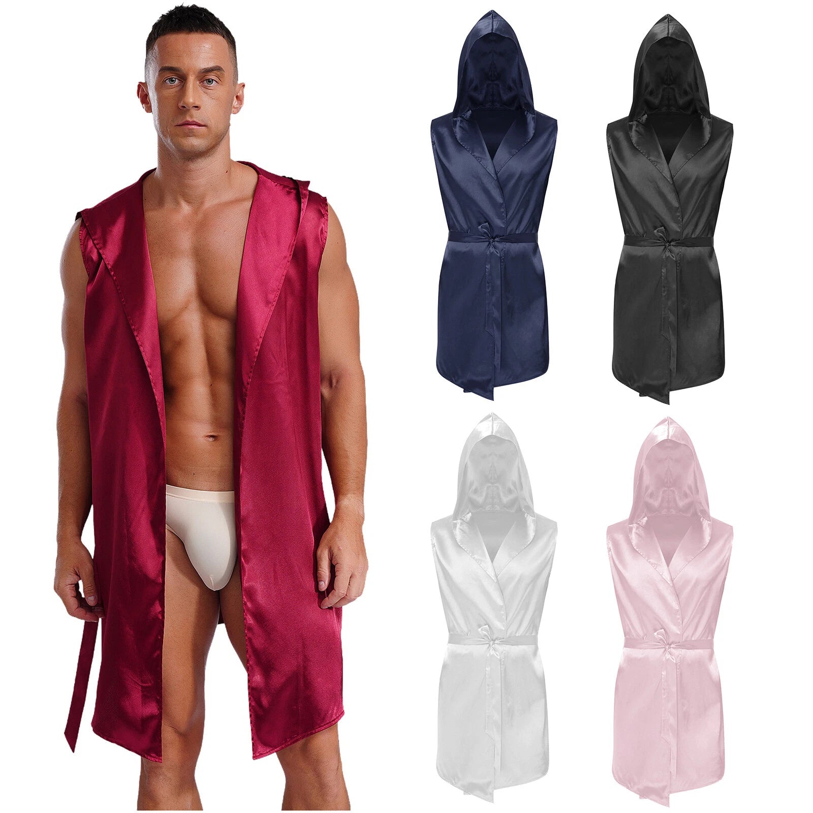 Men's Satiny Pajama Robe Set Sleeveless Silk Hooded Bathrobe with Belt Sleepwear