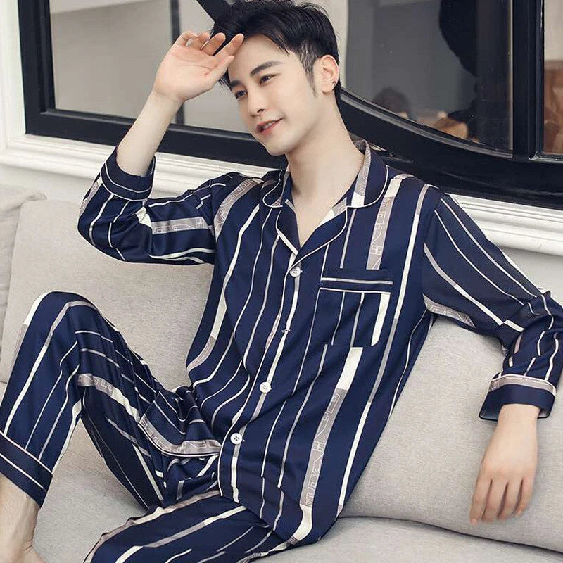 Luxury Mens Silk Satin Pajamas Set Soft Pyjamas Long Sleeve Sleepwear Loungewear