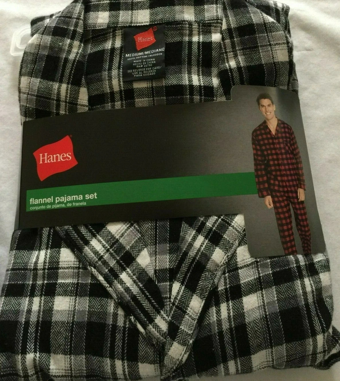 NWT Men's Hanes Flannel RED / BLACK Gray Plaid L/S Pant Set Pajamas PJs Cotton