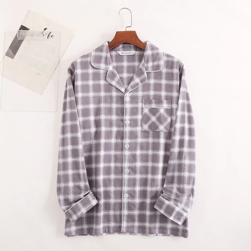 Men's Pajamas Set 100% Cotton Sleepwear Long Sleeve Button Top Pants Nightwear