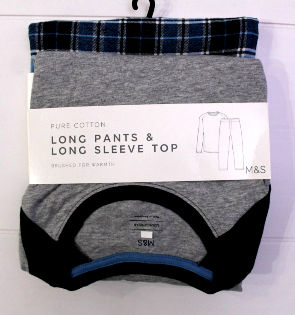 M & S Mens Pure Cotton Brushed For Warmth Pyjamas Loungewear Top & Long Pants