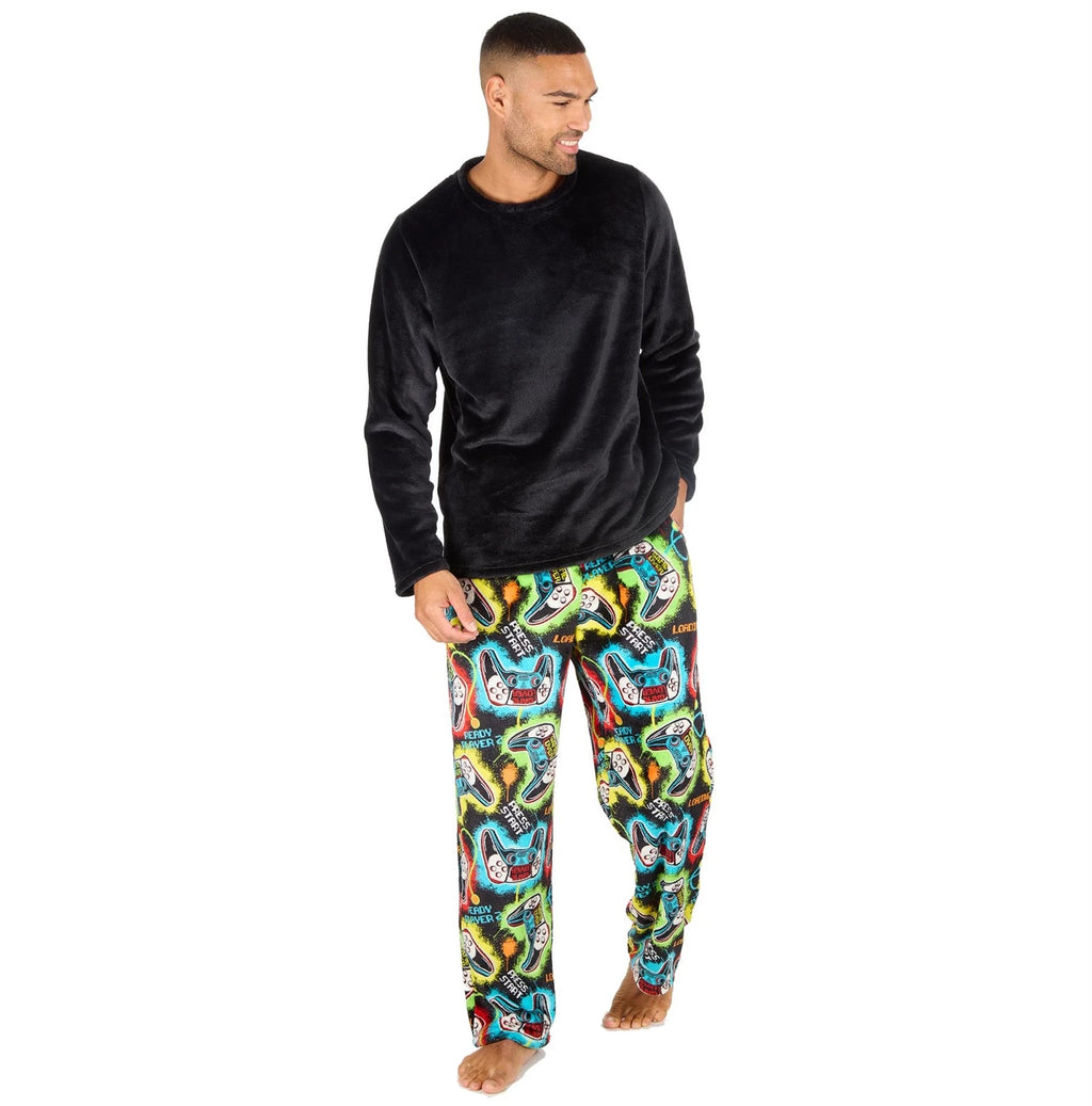Mens Fleece Pyjamas Long Sleeve Pyjama Set Gamer Gaming Check Size S-XXL