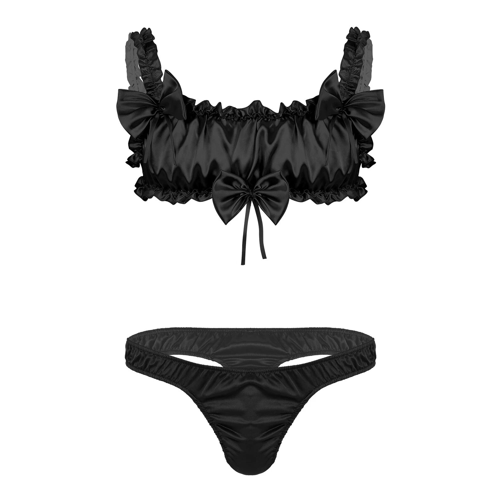 Men Ruffled Lingerie Set Cami Straps Bandeau Bra Thong 2Pcs Crossdresser Pajamas