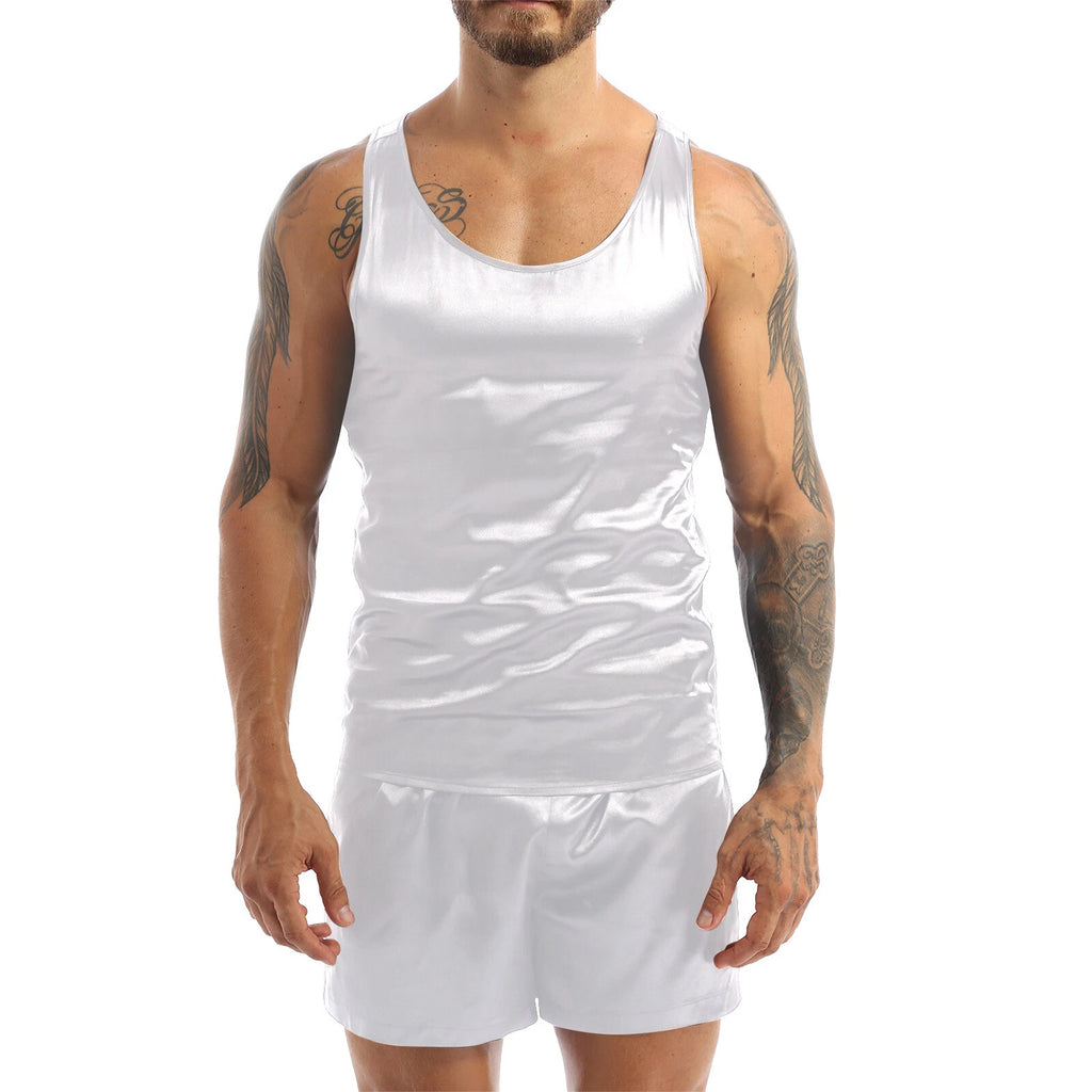 Men's Silk Satin Pajamas Set Vest Top and Boxer Shorts Sleepwear Home Loungewear