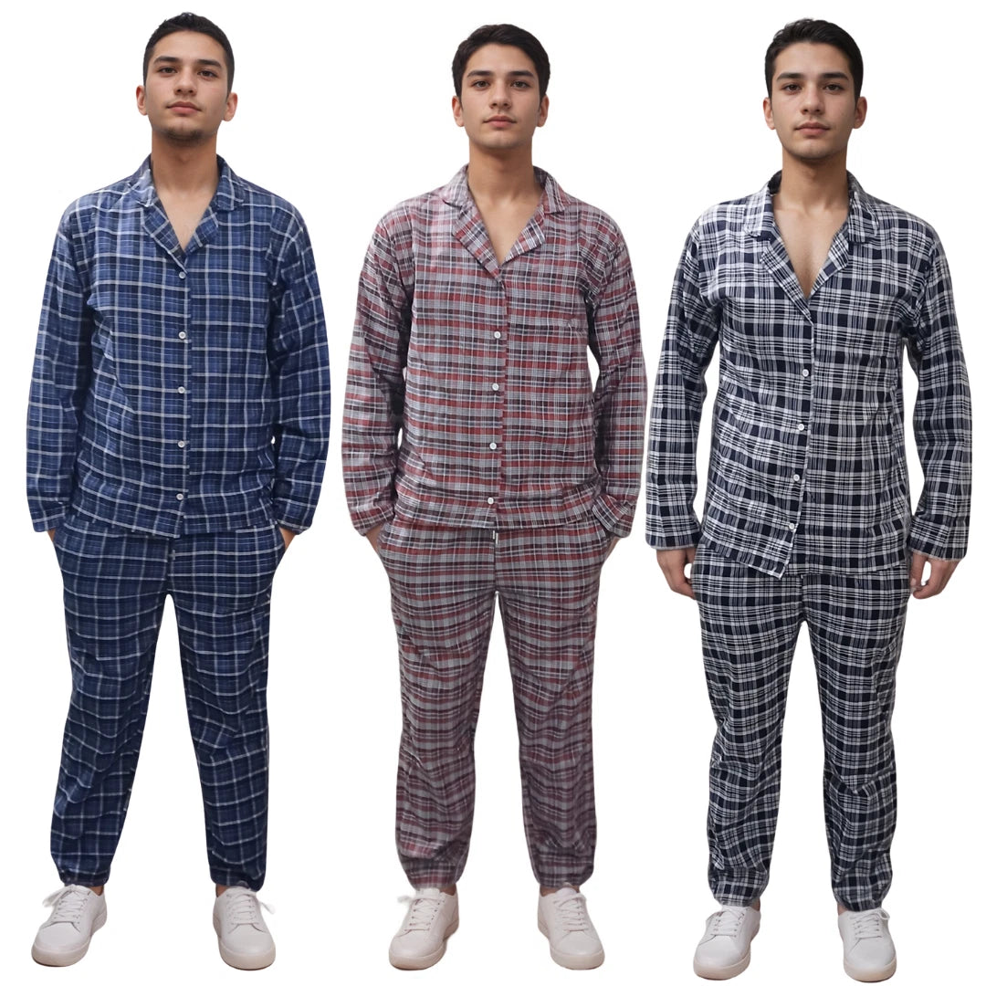 Mens Checked Pyjamas Set Cotton Blend Traditional Nightwear Lounge Wear Top PJ's