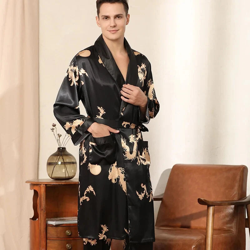 2024 New Men's Satin Pajama Robe and Pants Pajama Set Hot