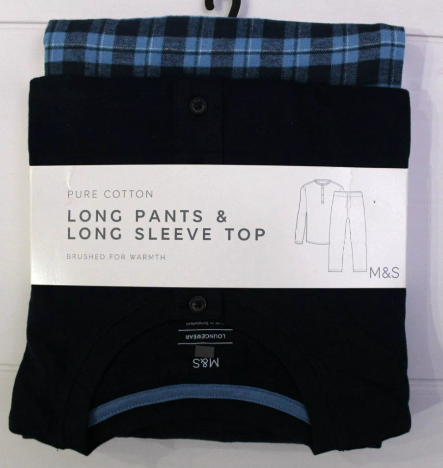 M & S Mens Pure Cotton Brushed For Warmth Pyjamas Loungewear Top & Long Pants